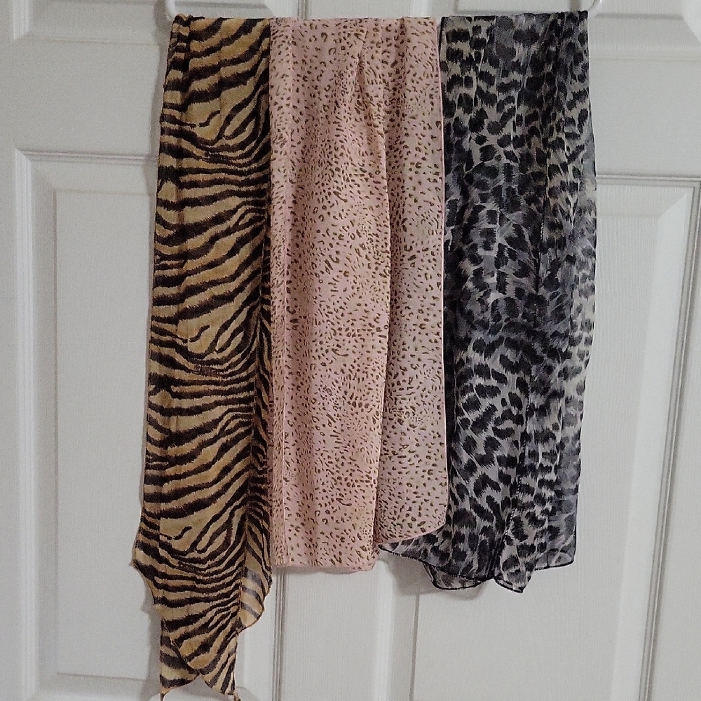 Animal Print Scarves Bundle of 3 Black Brown Pink Semi Sheer Neckerchief Chic